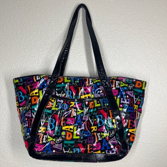 Vera Bradley Handbags - Vera Bradley Tote Frill Colorful Writing Print Magnetic Closure Patent Leather